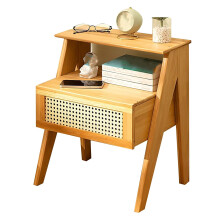 Mid-Century Modern Bamboo Bedside Table with Drawer Small Wooden Nightstand for Bedroom Living Room Wood Color
