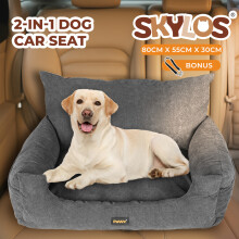 Skylos Pet Car Booster Seat & Bed for Dogs - Removable Cover, Adjustable Safety Belt, Machine Washable, Grey, 80x55x30 cm