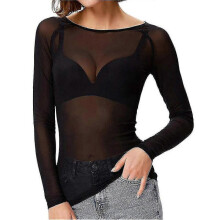 (S, Black) Women See-through Long Sleeve Seamless Arm Shaper Top Mesh Shirt Blouse TW