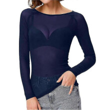 (M, Blue) Women See-through Long Sleeve Seamless Arm Shaper Top Mesh Shirt Blouse TW