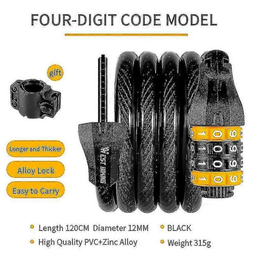(1.2M, 4 Digital Code) 1.2m/1.5m Combination Bike Lock Strong Heavy Duty Cycle Security Bicycle Locks Tw 1