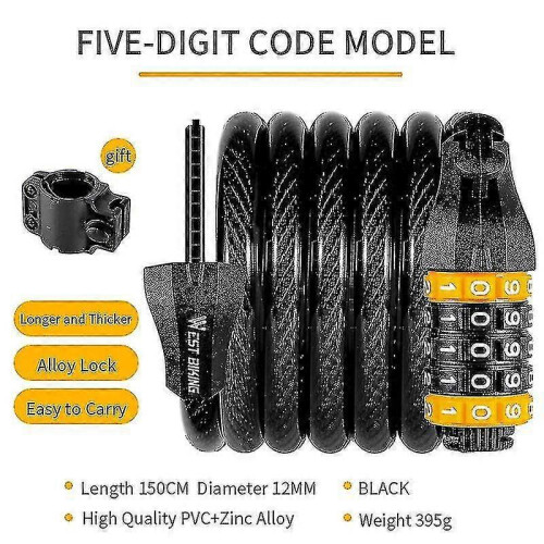 (1.5M, 5 Digital Code) 1.2m/1.5m Combination Bike Lock Strong Heavy Duty Cycle Security Bicycle Locks Tw 1