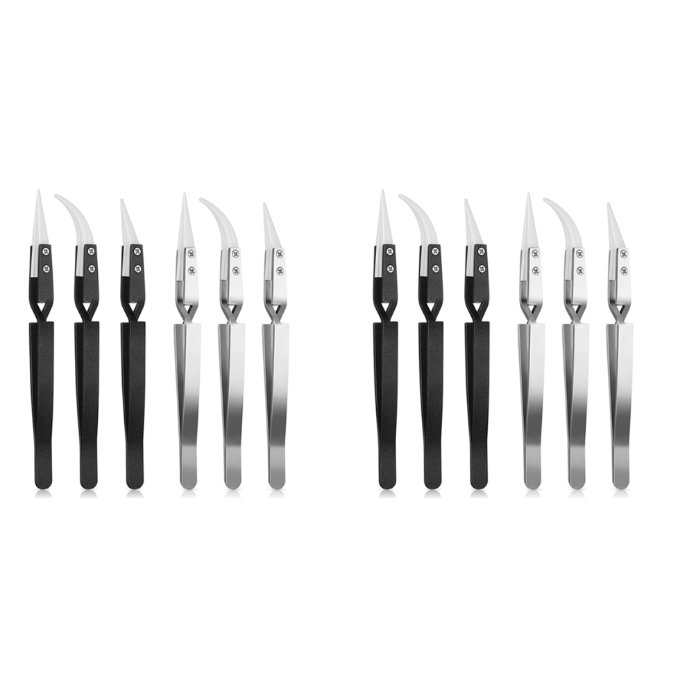 Melitt 6Pcs Reverse Ceramic Tweezers Pointed Curved Tips Tweezer