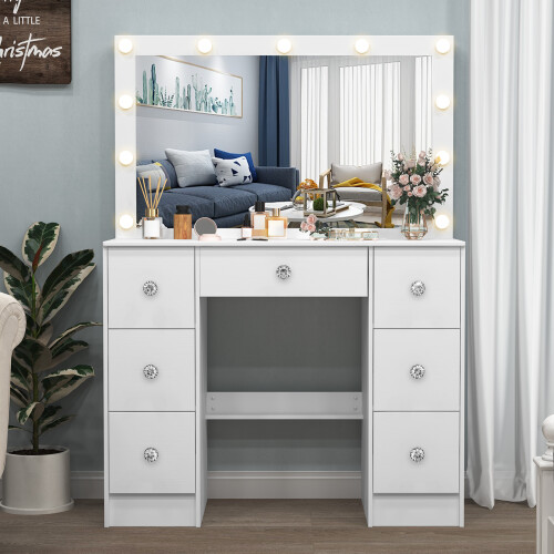 White Dressing Table With Large LED Mirror 7 Drawers Large Vanity Desk 1