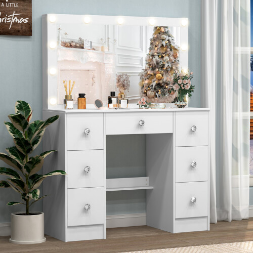 White Dressing Table With Large LED Mirror 7 Drawers Large Vanity Desk 2