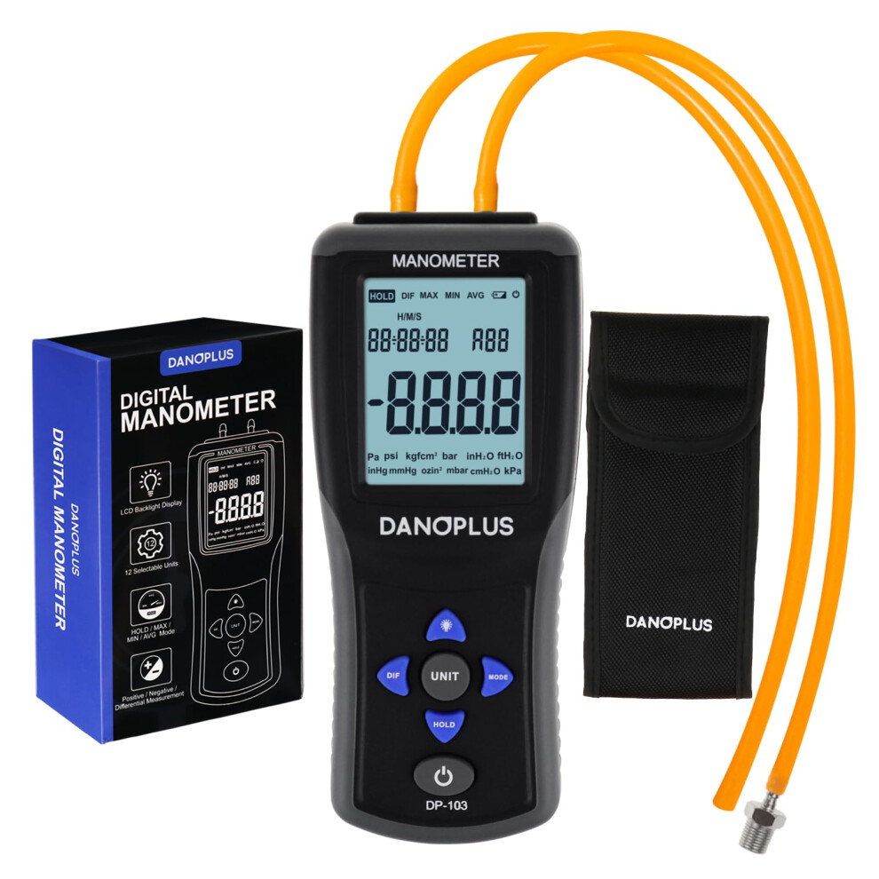 Danoplus Dp-103 Manometer Digital Gas Pressure Tester Differential Pressure Gauge Hvac Air Pressure Meter With Backlight Data Record Function, Black