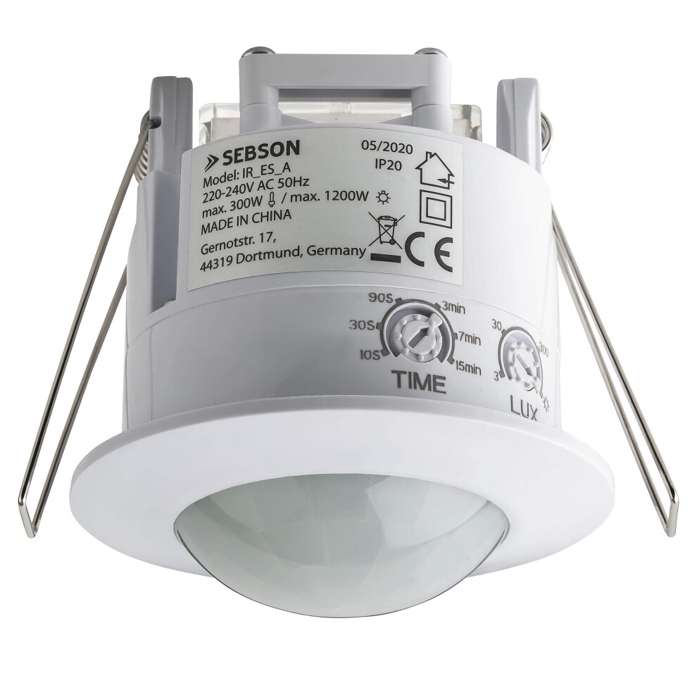 Sebson Pir Sensor Indoor, Ceiling Flush Mounted, Infrared Motion Sensor, Led Suitable, Range 6M / 360?, Max. 1200/300W, Ip20, 3-Wire, White 8000000931610