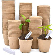 LATERN 100Pcs 8CM Biodegradable Fibre Seed Pots for Seedling and Transplanting with 100Pcs Plastic Plant labels (White 5cm x1cm)