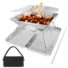 Foldable Fire Pit Grill Portable Fire Pit, Collapsible Camping Campfire Grill Set with Iron Box & Carrying Bag, Stainless Steel Folding Rack for BBQ