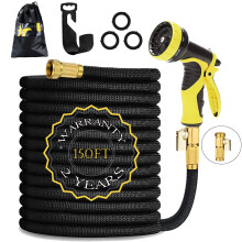 HmiL-U Garden Hose 150ft 45m Strongest Double Latex Inner Tube Prevent Leaking Magic Hosepipe with 9 Function Spray Gun+Solid Brass Fittings