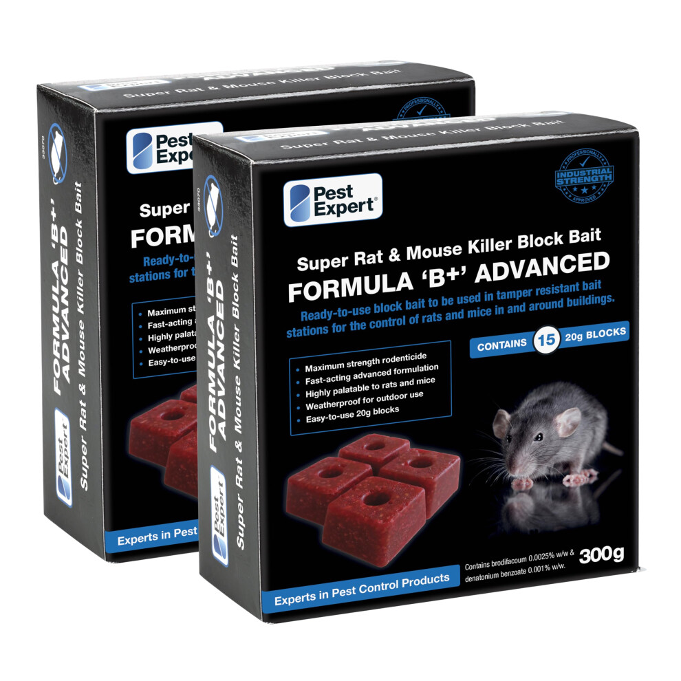 Pest Expert Formula 'B+' Advanced Rat & Mouse Killer Poison Bait Blocks Super Strength 600g (2 x 300g) - Premium Single Feed Brodifacoum, Strongest-image-OPC-PJRJJZB-NEW