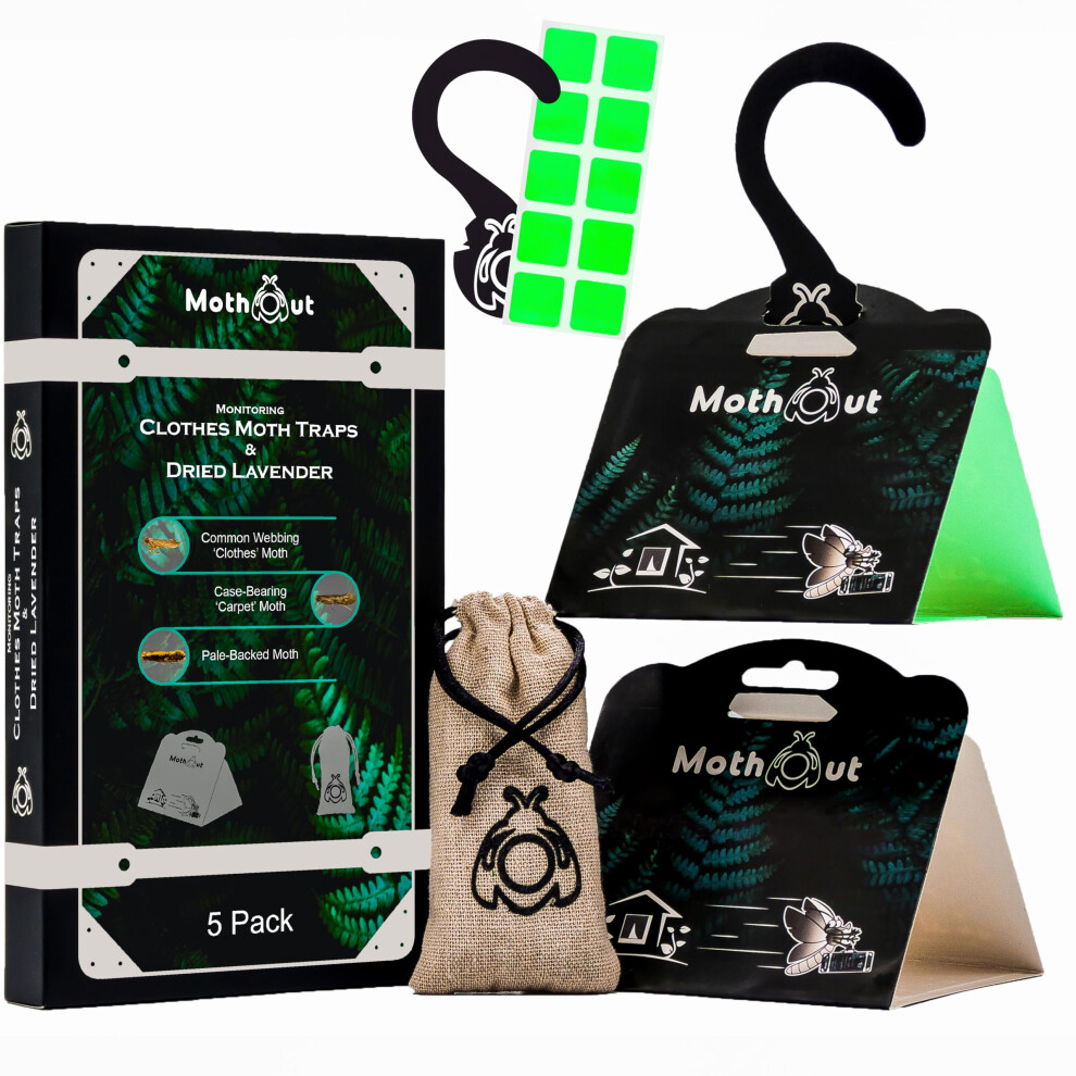 Mothout 5 Pheromone Clothes Moth Traps, Carpet Moth Trap + Freshener + 10 Glowing Pads + Ebook With Moths Prevention & Protection Techniques, Lavender