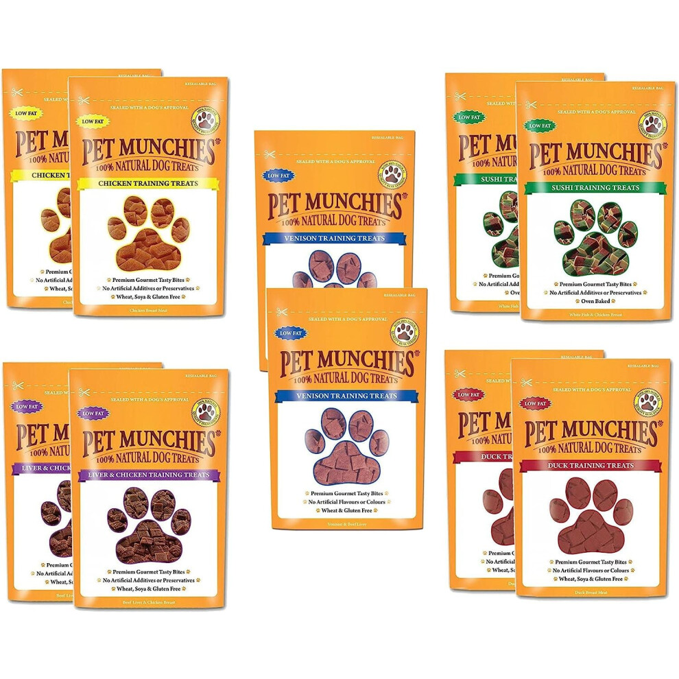 Pet Munchies Training Treats Mixed Pack of 10-2x Chicken + 2x Chicken & Liver + 2x Sushi + 2x Duck + 2x Venison All 5 Varieties in 1 | Smart Bundle UK