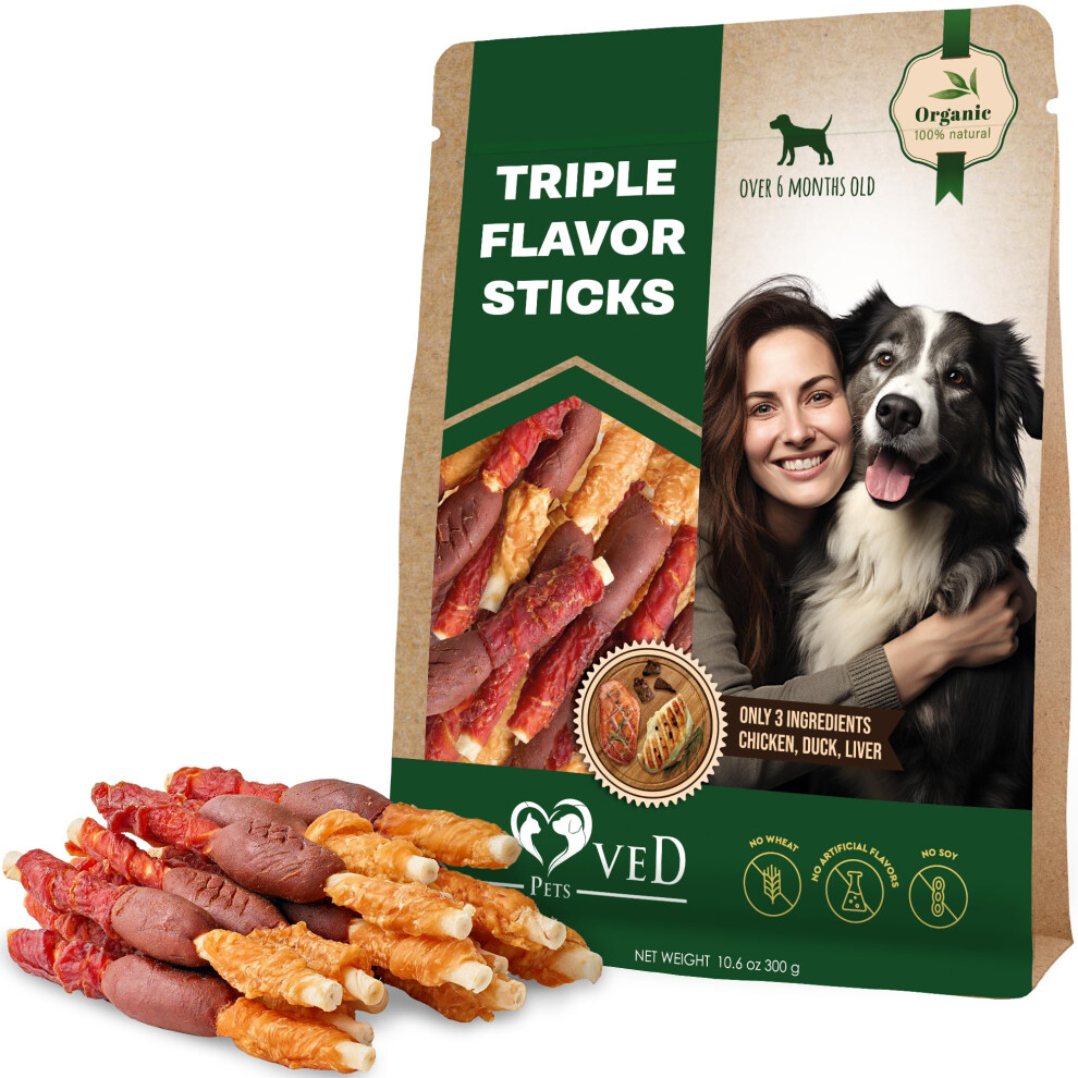 Dog Treats Rawhide Triple Flavor Twists Stiks with Duck & Chicken Human Grade Meat 300 Gr - Natural Pet Dried Snacks - Grain Free Long Lasting Chews