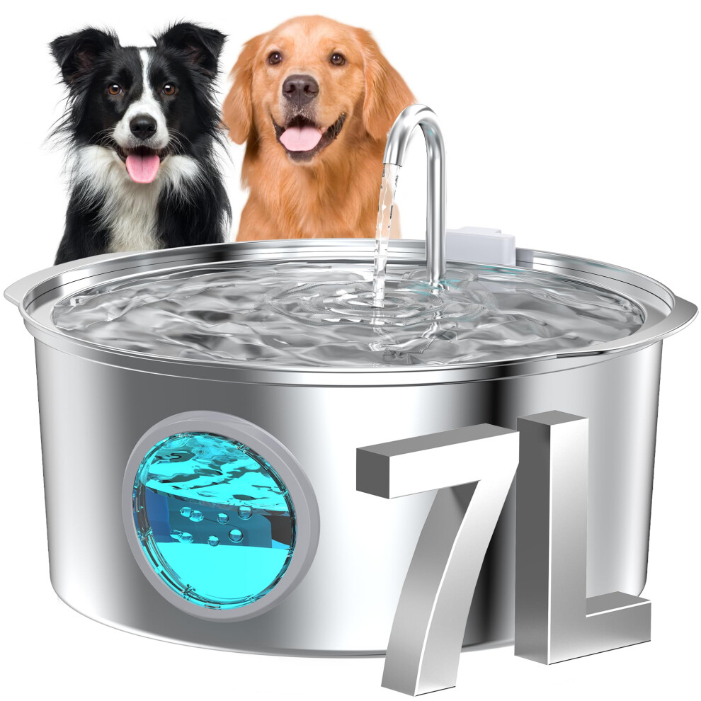 Grookpet Dog Water Fountain For Drinking: Stainless Steel Cat Water Fountain For Drinking - 7L/236Oz/1.8G Quiet Pet Fountain Water Bowl - Convenient