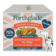 Forthglade British Classics Wet Dog Food Variety Pack (12 x 395g Trays) - Adult Dogs, Grain Free Chicken, Lamb & Beef With Vegetables, Stomach