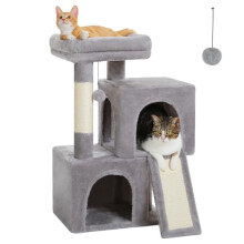 PETEPELA Cat Tree 77cm with Dual Condos for Indoor Cats, Small Cat Tower with Removable Perch and Scratching Posts Pad, Grey