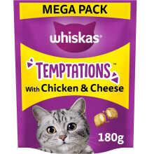 WHISKAS Temptations - Tasty, Crunchy Treats for Adult Cats, Small Bite Size Snacks with a Delicious Chicken and Cheese Filling, 4 x 180 g Packets -