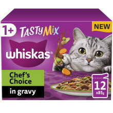 Whiskas Tasty Mix 1+ Chef`s Choice in Gravy 48x85g Pouches, Adult Cat Food, Pack of 4 (12x85g)