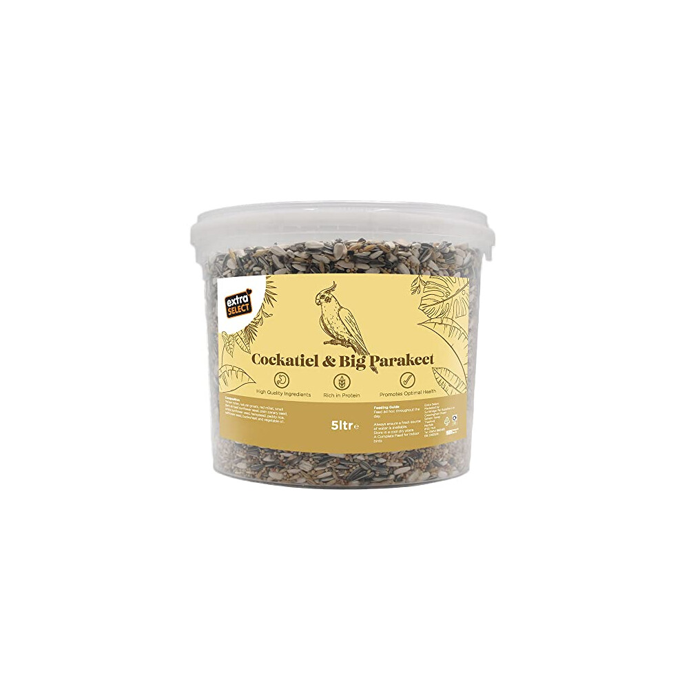 Extra Select Cockatiel & Big Parakeet Food: Complete High-Protein Bird Seed Mix for Indoor Birds - 5 Litre Bucket