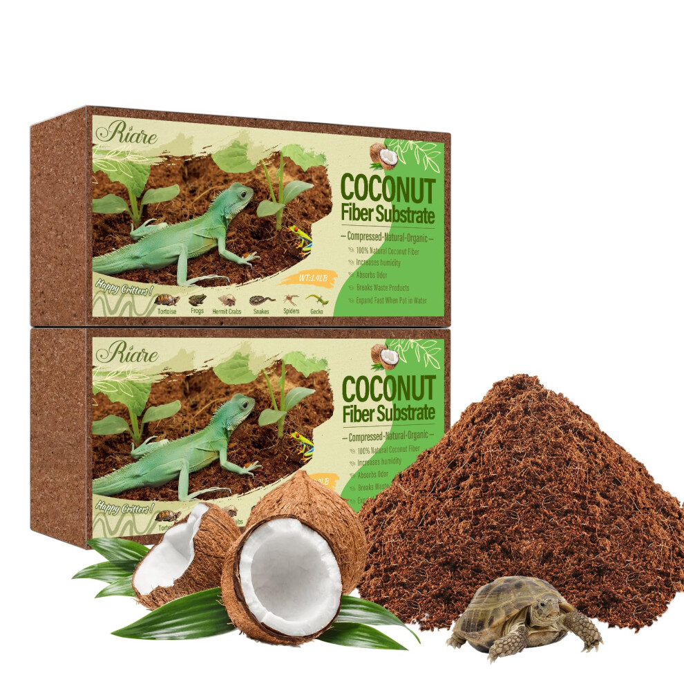 Riare 2 Pack Coconut Fiber Substrate for Reptile Natural Coco Substrate Premium Compressed Coconut Husk Terrarium Bedding for Reptile, Tortoise,