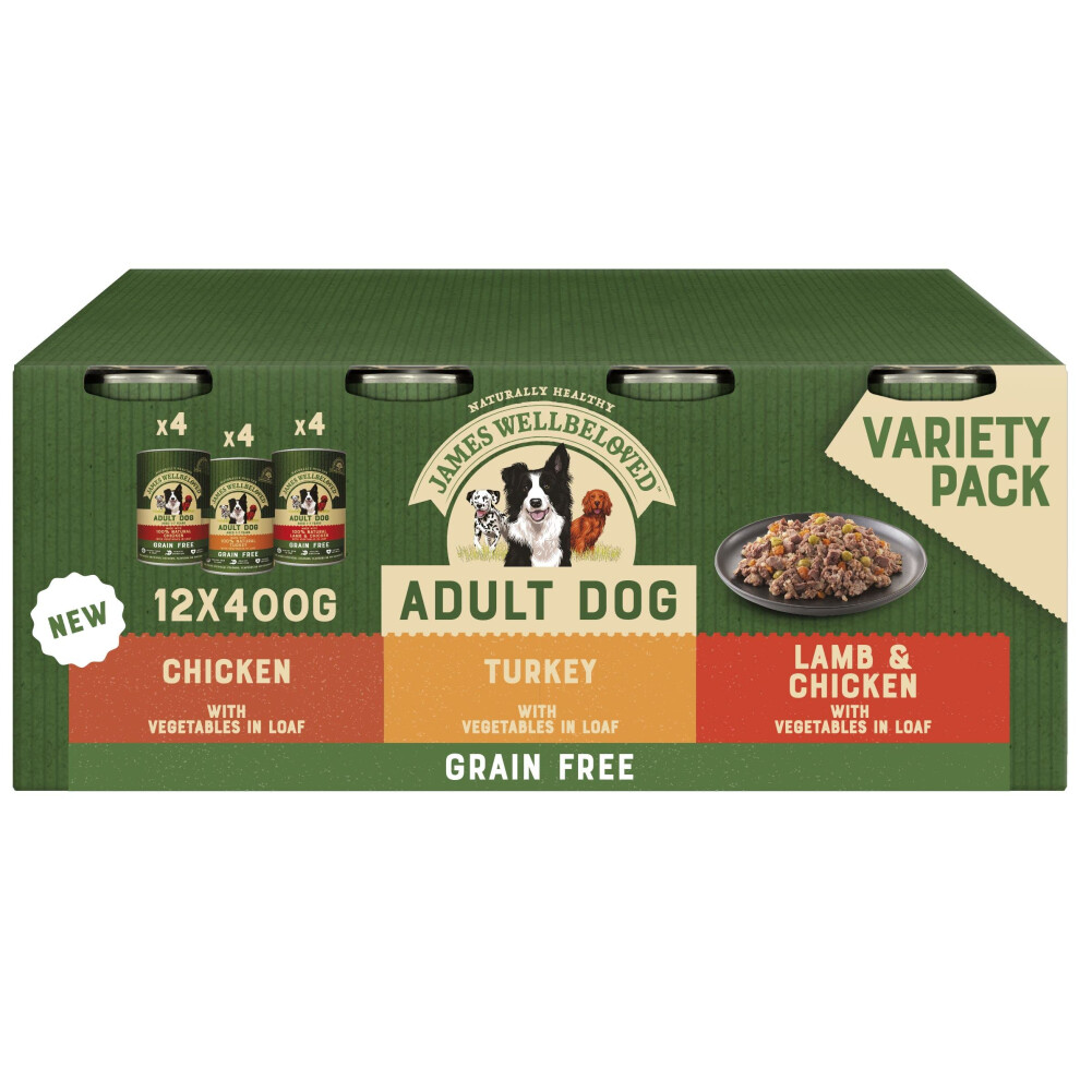 New James Wellbeloved Adult Free Turkey, Lamb And Chicken In Loaf 12 Cans, Hypoallergenic Wet Dog Food, Pack Of 1 (12 X 400 G) Grain 432571