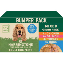 Harringtons Complete Wet Tray Grain Free Hypoallergenic Adult Dog Food Mixed Bumper Pack 16x400g - Chicken, Salmon, Turkey & Duck - Made with All