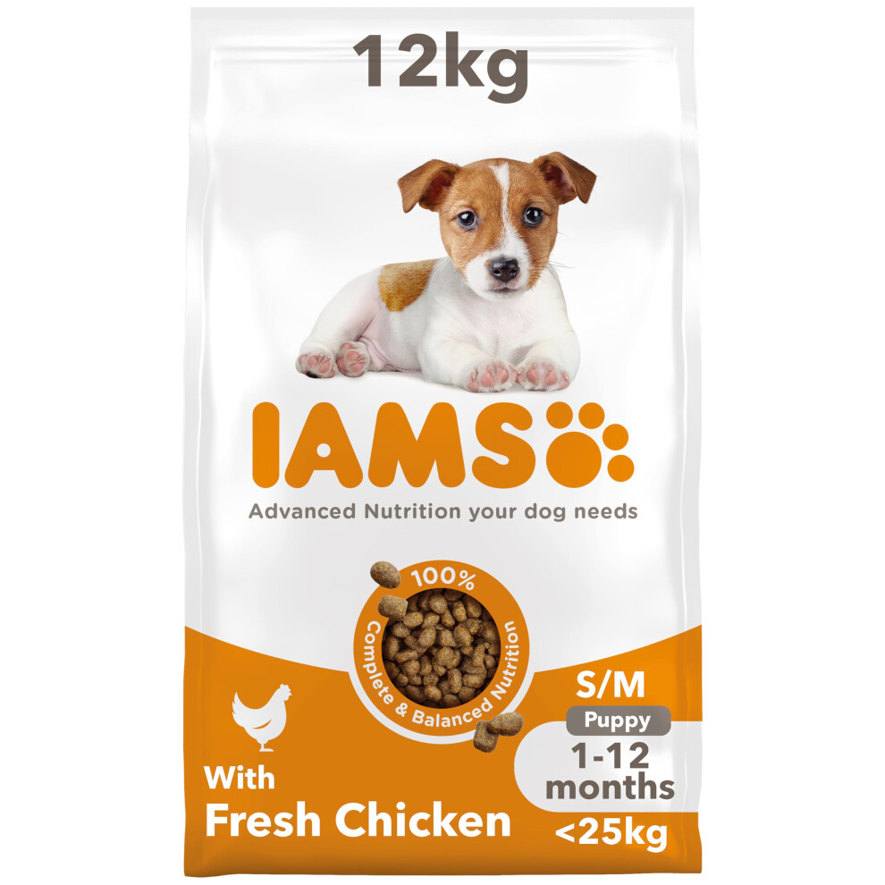 New Iams Complete Dry Dog Food For Puppy Small And Medium Breeds With Chicken 12 Kg 8.71E+12