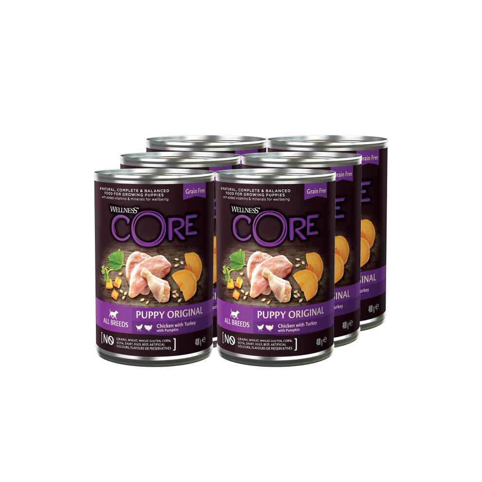 Wellness Core Puppy Original, 6 X 400G, Chicken & Turkey, Puppy Food Wet For All Breed Puppies, Chunky Pat?, Grain-Free, High Meat Content,