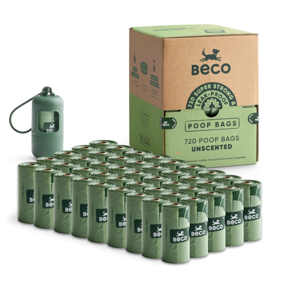 Beco Dog Poo Bags - Strong & Large Poop Bags - 720 (48 Rolls Of 15) And 1X Dispenser, Unscented, Dispenser Compatible Dog Waste Bags