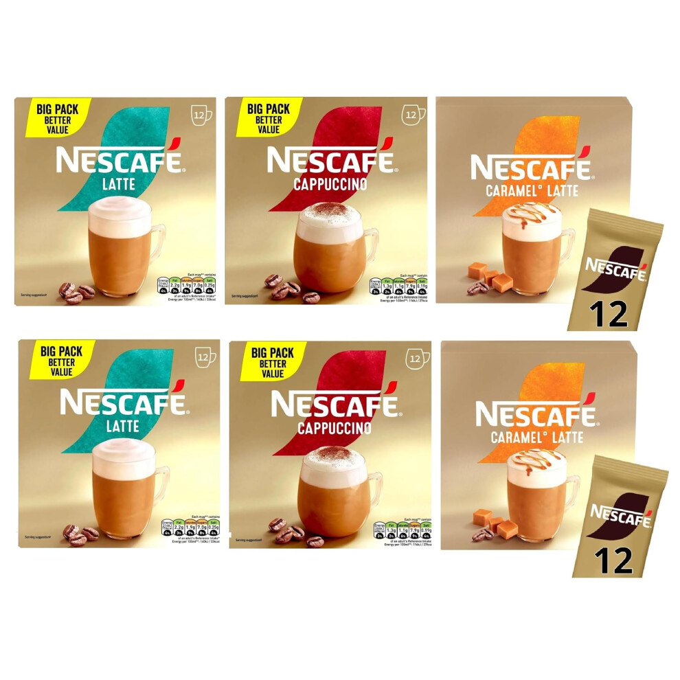 Nescafe Nescafé Variety Pack X12 Instant Coffee Sachets, Flavours Inc. Cappuccino, Latte, Caramel Latte (Pack Of 6, Total 72 Sachets)