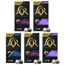 L'OR Nespresso Compatible Variety Pack Aluminium Coffee Capsules, Flavours inc. Supremo, Profondo, Espresso Ristretto Decaf, x10 (Pack of 5)