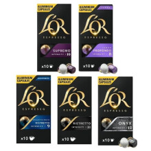 L'OR Nespresso Compatible Variety Pack Aluminium Coffee Capsules, Flavours inc. L'OR Supremo,Profondo, etc x10 (Pack of 5, Total 50 Pods)