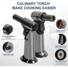 Premium Double Flame Butane Torch with Safety Lock, Adjustable Refillable Kitchen Blow Torch for Creme Brulee, Grey
