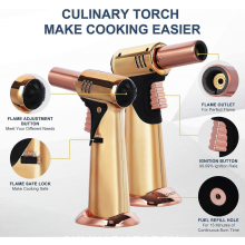 Premium Double Flame Butane Torch with Safety Lock, Adjustable Refillable Kitchen Blow Torch for Creme Brulee Gold 2
