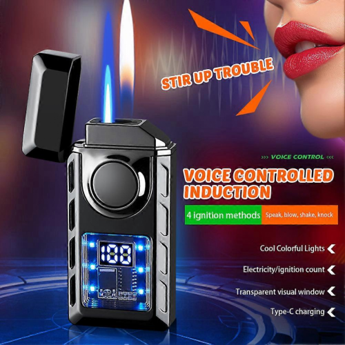 Smart Flame Lighter: Voice, Airflow, Tap, Gravity Ignition, Type-C Rechargeable, Dual Flame, LED Display, Green 1