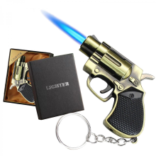 Cool Gun Shape Jet Flame Torch Lighter Windproof Adjustable Refillable Butane for Cigar Outdoor Gifts (No Gas) Bronze