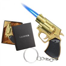 Gold Cool Gun Shape Jet Flame Torch Lighter Windproof Adjustable Refillable Butane for Cigar Outdoor Gifts (No Gas)