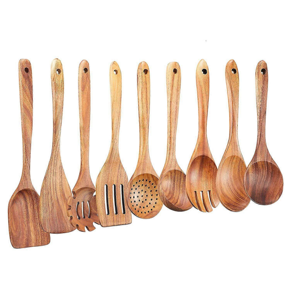 9-Piece Wooden Kitchen Utensil Set for Non-Stick Pans, Natural Wood Color-image-OPC-PJRM7MJ-NEW