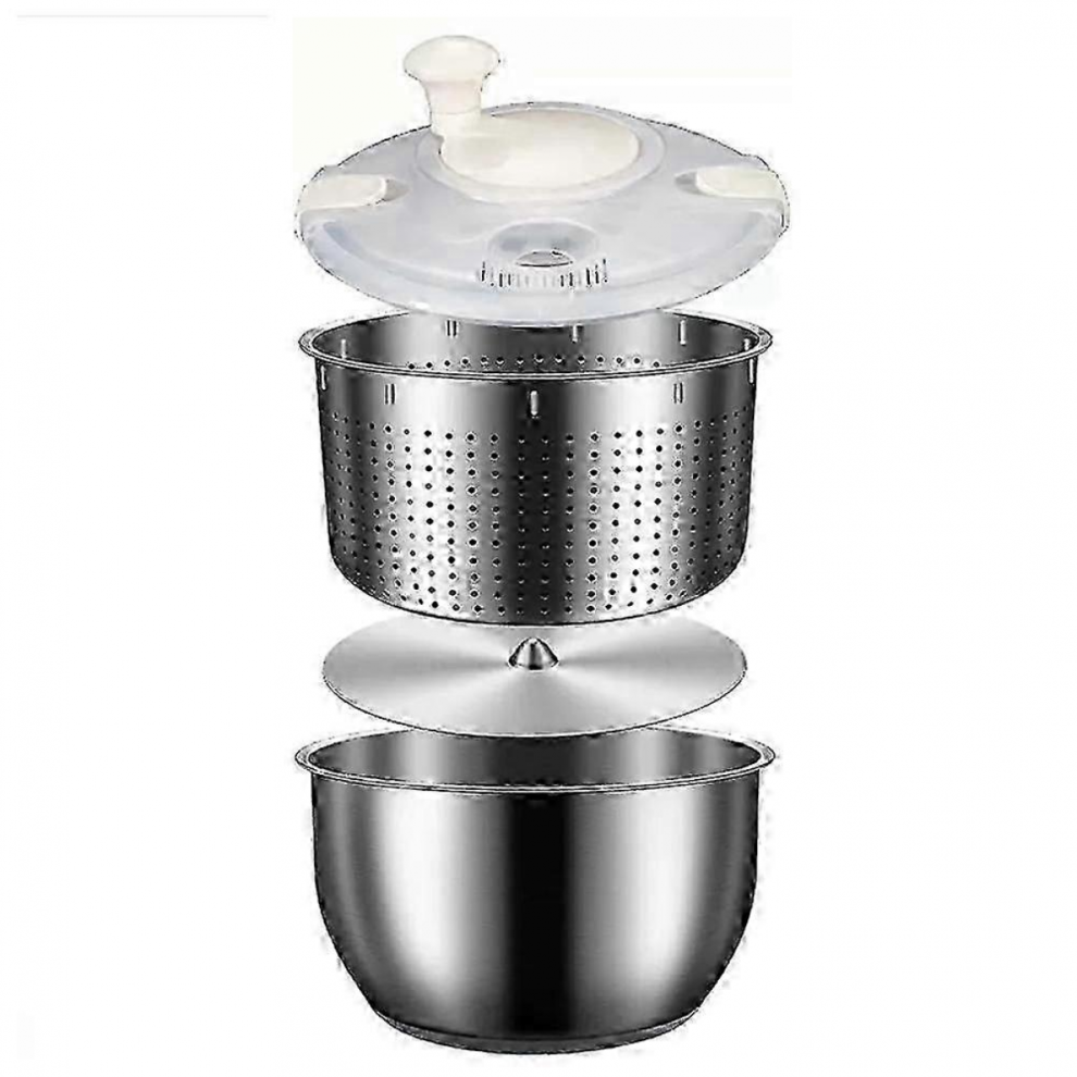 Silver 6L Stainless Steel Salad Spinner With Pp Lid - Vegetable, Fruit, Pasta & Fries Dryer,