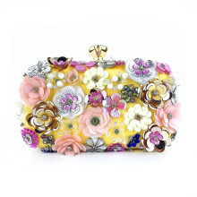 (yellow)Floral Evening Dinner Handbag Beaded Flower Clutch Bag Metal Chain Crossbody Bag Banquet Handbag