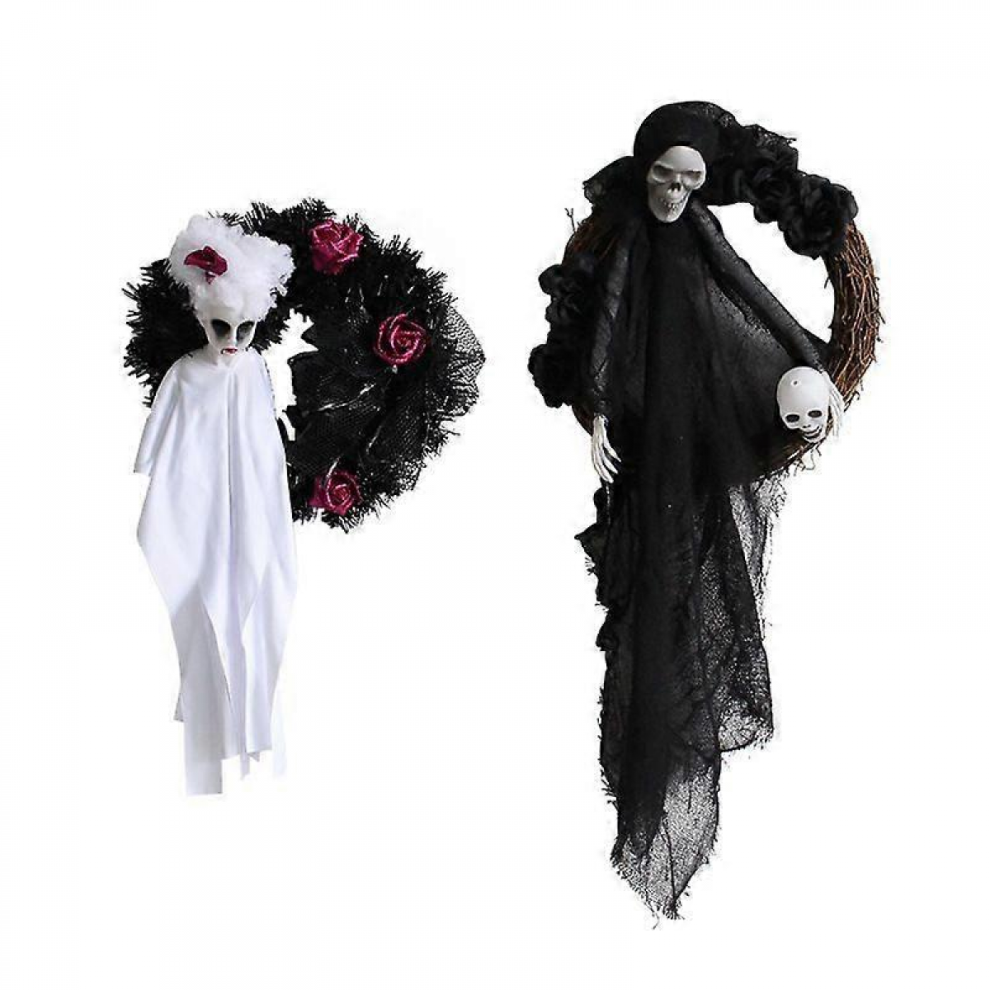 Set of 2 Halloween Black and White Ghost Door Hanging Wreath Horror Party Decoration-image-OPC-PJRPBM2-NEW
