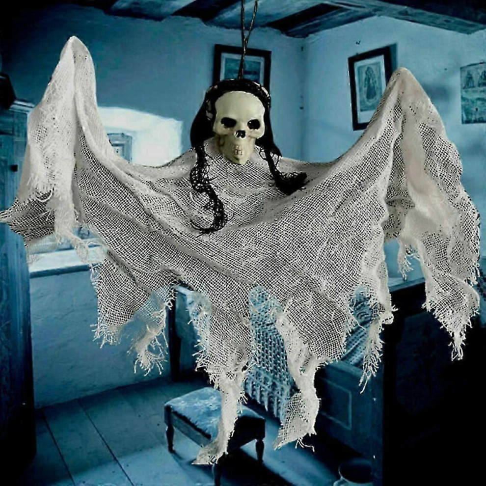Spooky Hanging Ragged Skeleton Ghost Grim Reaper Prop with Skull Gauze for Indoor Outdoor Halloween Decoration Gray-image-OPC-PJRPDWD-NEW
