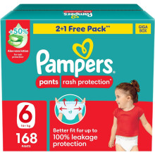 Pampers Rash Protection Pants Diapers, Size 6, 16+kg, +50% Aloe Vera Lotion, 360° Leak-Free Fit for up to 100% Leakage Protection - 168 Count
