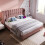 (Pink, Velvet) Upholstered Double Bed with USB and TypeC Charging 1