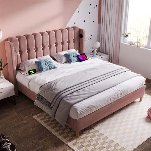 (Pink, Velvet) Upholstered Double Bed with USB and TypeC Charging