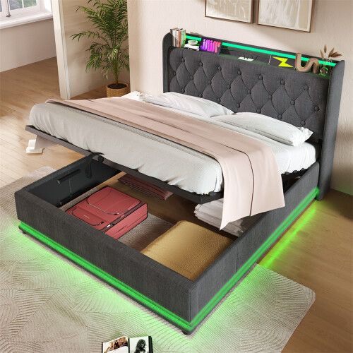 (Linen, Grey) King Size Ottoman Bed with 360 Surround LED Lights