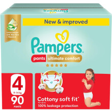 Pampers Ultimate Comfort Pants Diapers, Size 4, 9-14kg, Lotion infused Aloe Vera & Vitamin E, Cottony Soft Fit 100% Leakage Protection - 90 Count