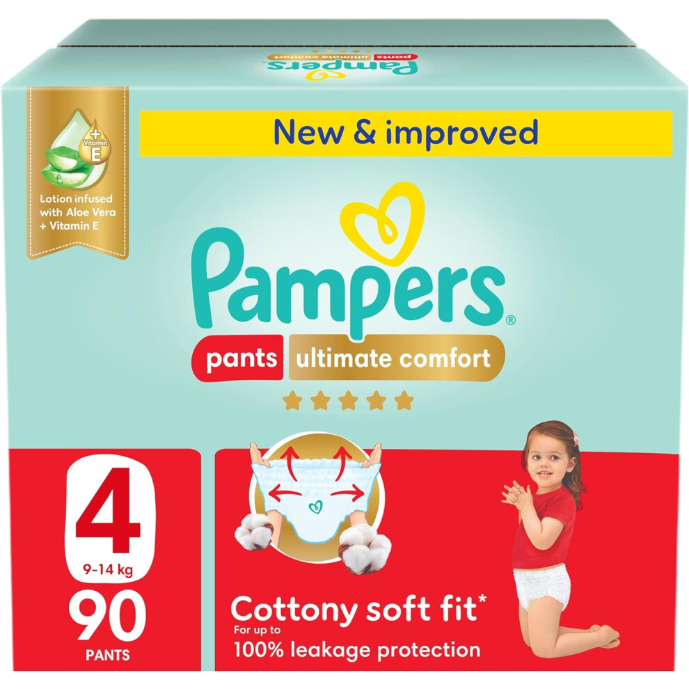 Pampers Ultimate Comfort Pants Diapers, Size 4, 9-14kg, Lotion infused Aloe Vera & Vitamin E, Cottony Soft Fit 100% Leakage Protection -  90 Count