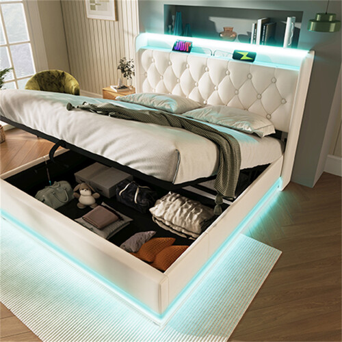 (PU, White) King Size Ottoman Bed with 360 Surround LED Lights